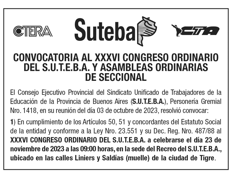 CONVOCATORIA AL XXXVI CONGRESO ORDINARIO DEL S.U.T.E.B.A. Y ASAMBLEAS ORDINARIAS DE SECCIONAL