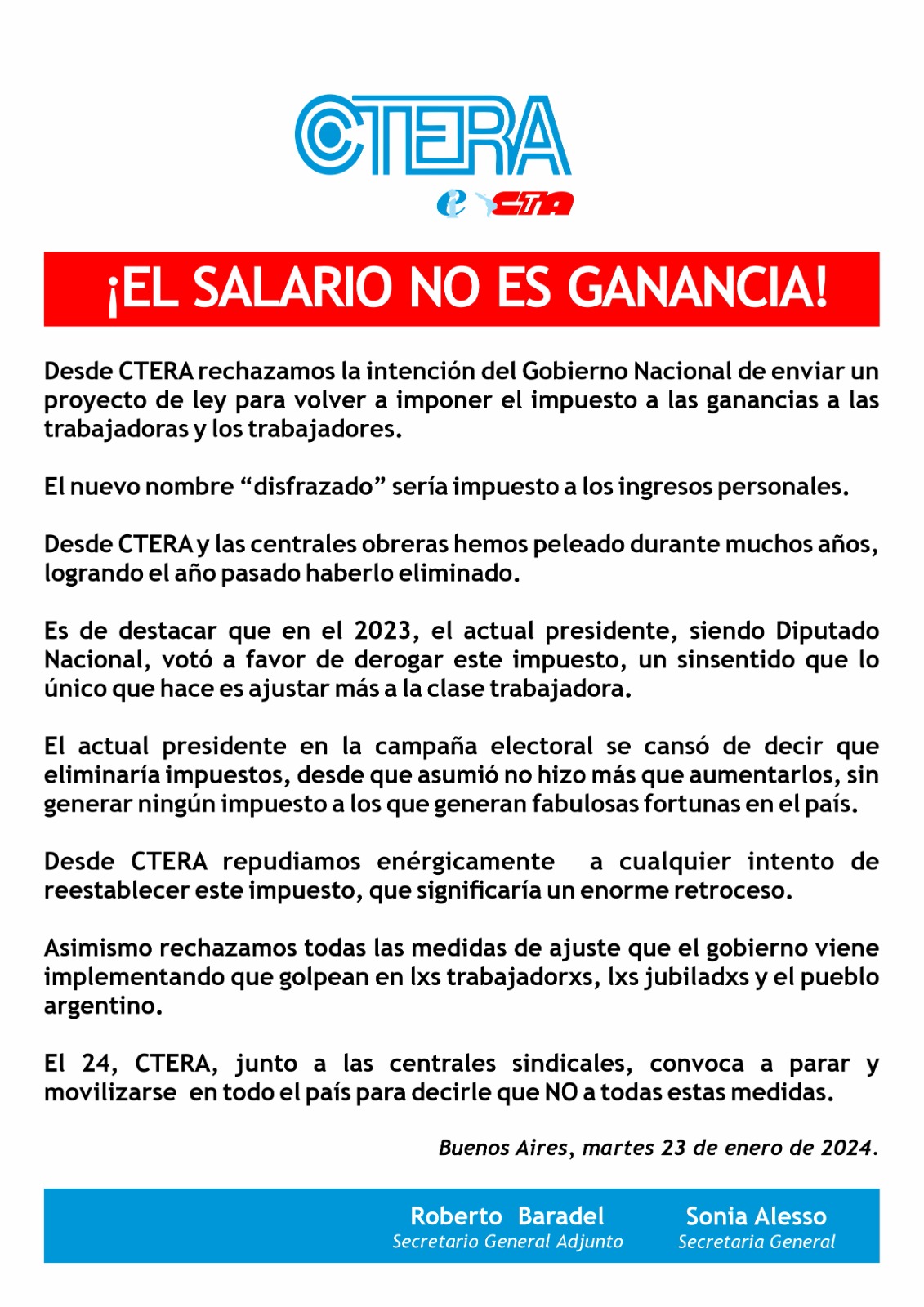 COMUNICADO DE CTERA: ¡EL SALARIO NO ES GANANCIA!