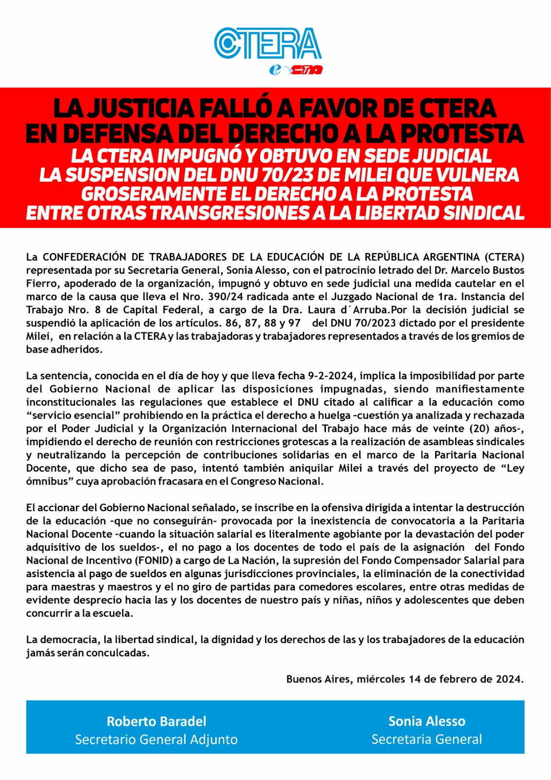 LA JUSTICIA FALLO A FAVOR DE CTERA