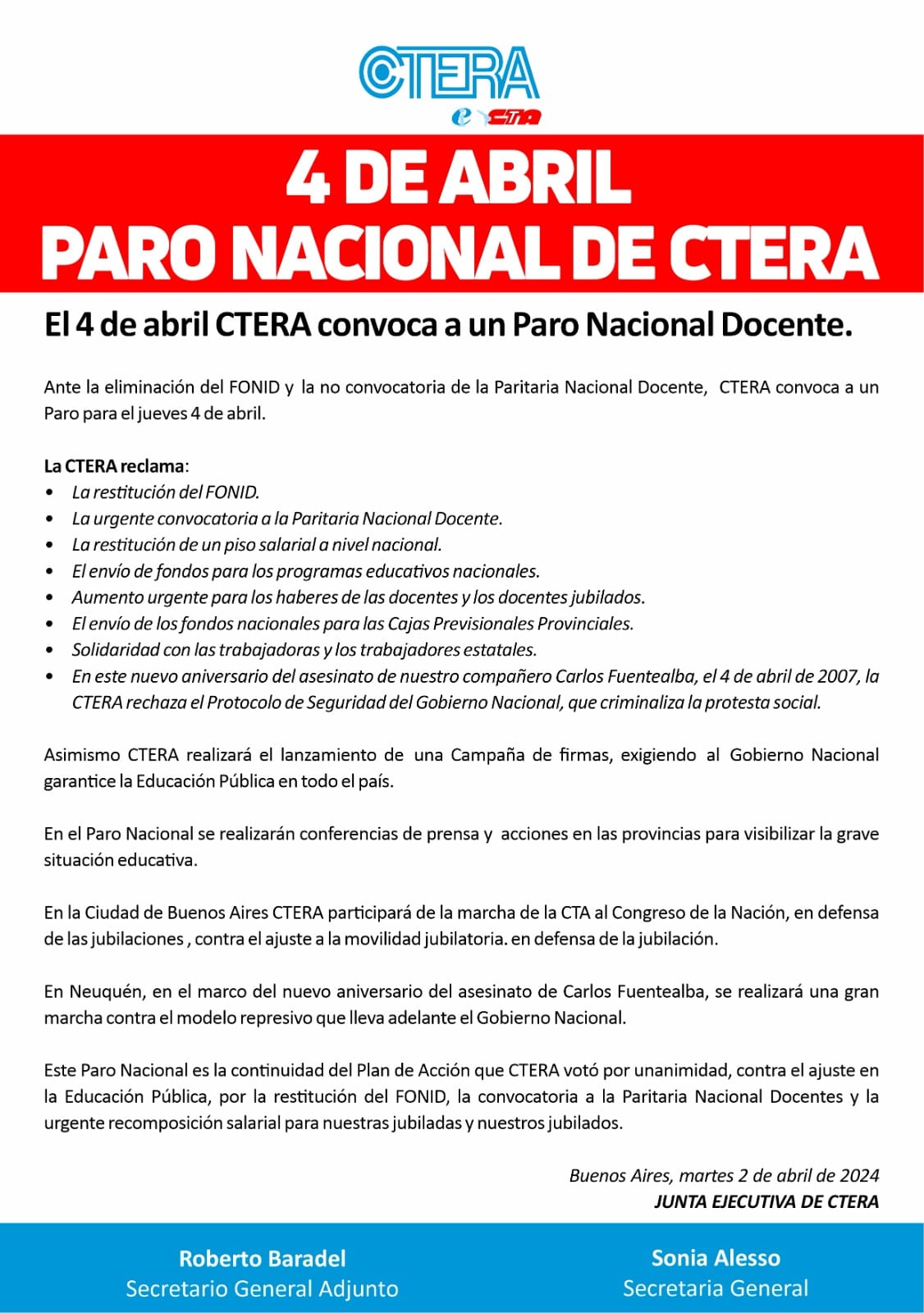 4 DE ABRIL: PARO NACIONAL DE CTERA