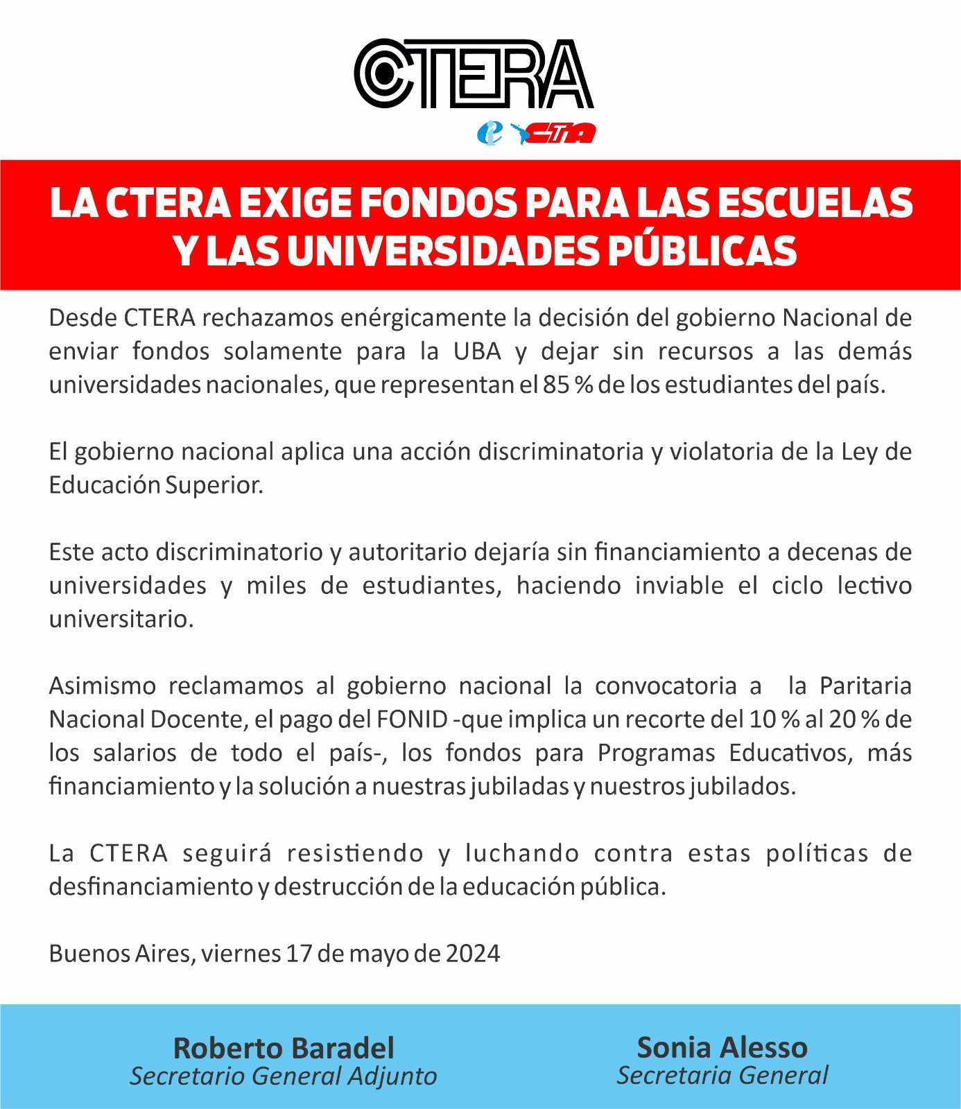 LA CTERA EXIGE FONDOS PARA LAS ESCUELAS Y LAS UNIVERSIDADES PÚBLICAS