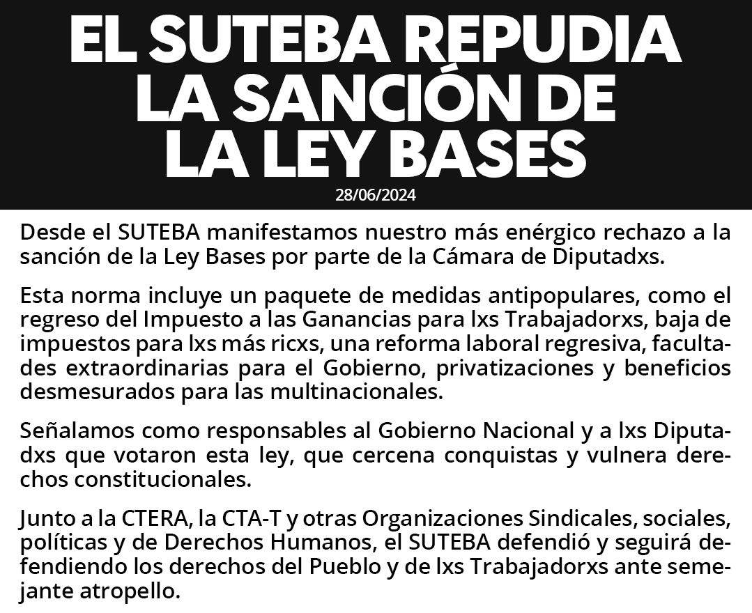 EL SUTEBA REPUDIA LA SANCIÓN DE LA LEY BASES