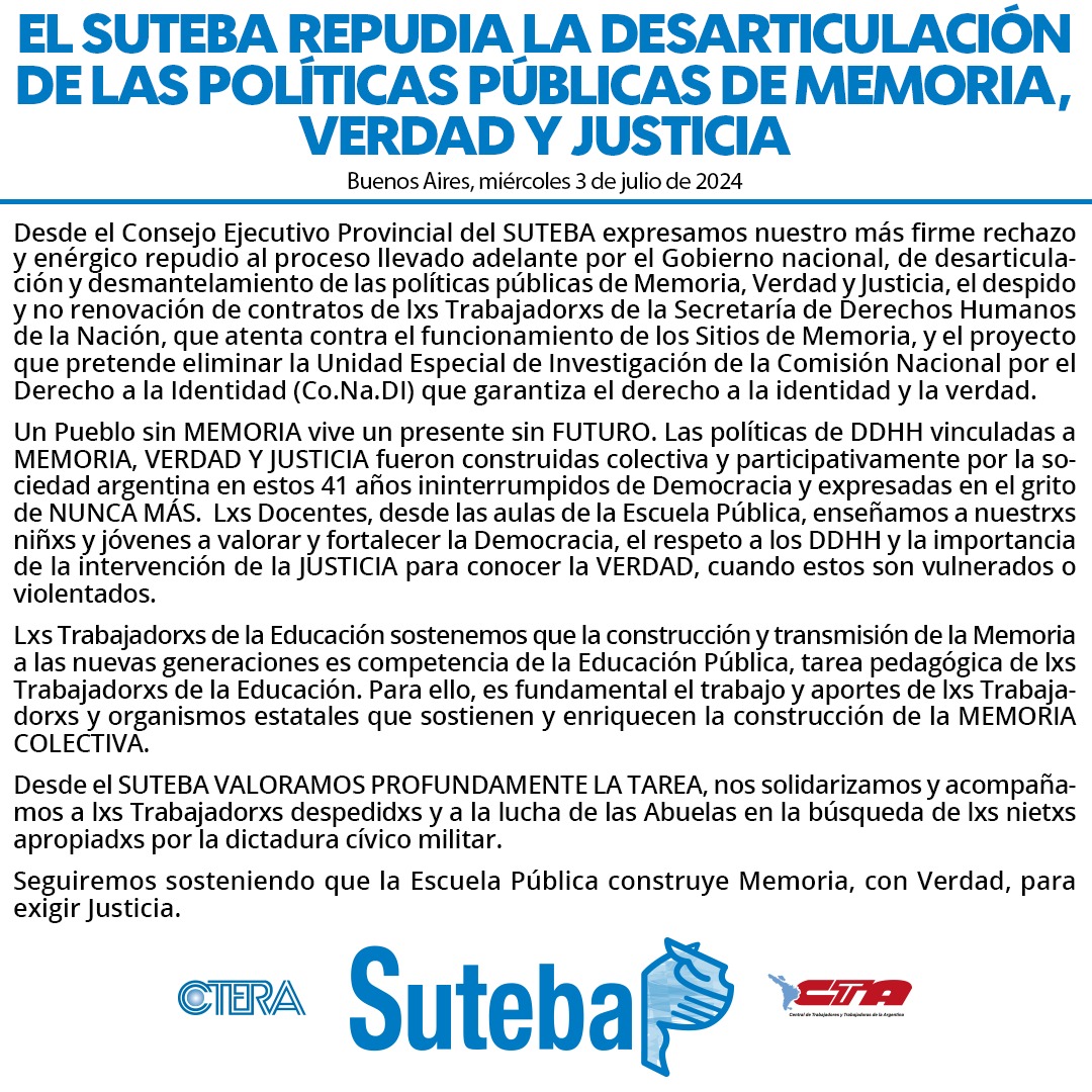 EL SUTEBA REPUDIA LA DESARTICULACIÓN DE LAS POLÍTICAS PÚBLICAS DE MEMORIA, VERDAD Y JUSTICIA