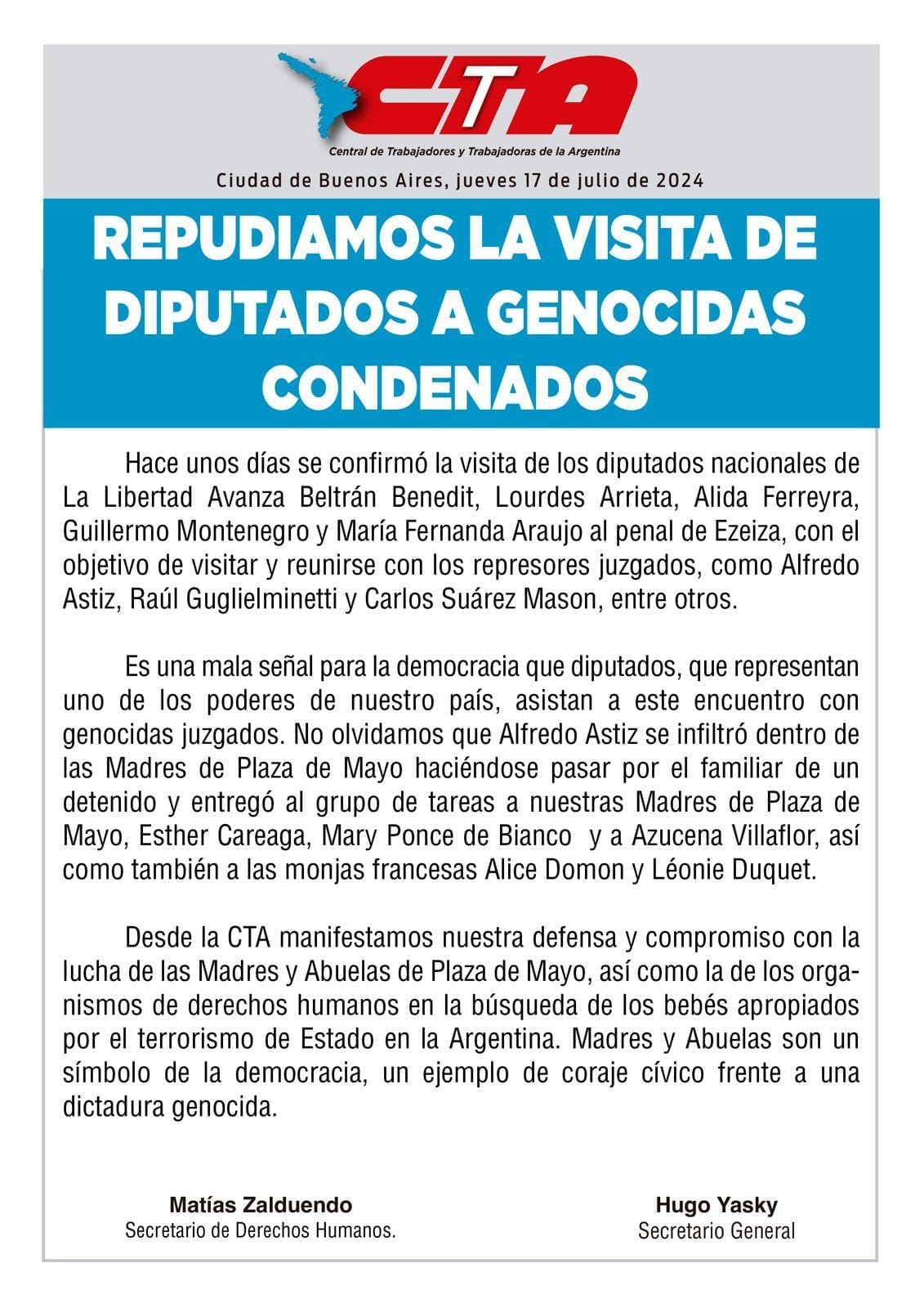 REPUDIAMOS LA VISITA DE DIPUTADXS A GENOCIDAS CONDENADOS