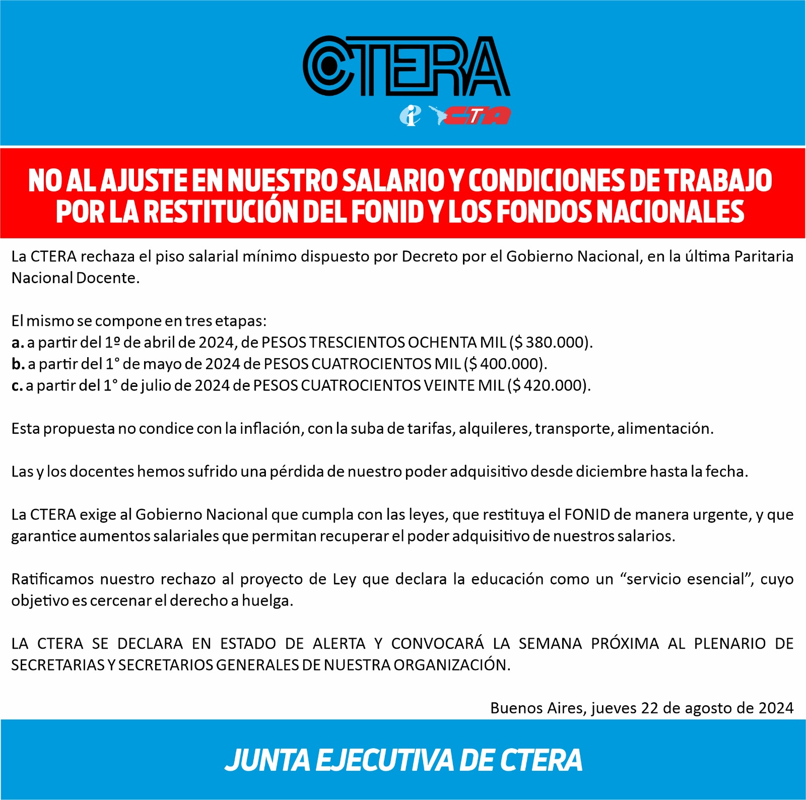 NO AL AJUSTE EN NUESTRO SALARIO Y CONDICIONES DE TRABAJO - POR LA RESTITUCIÓN DEL FONID Y LOS FONDOS NACIONALES