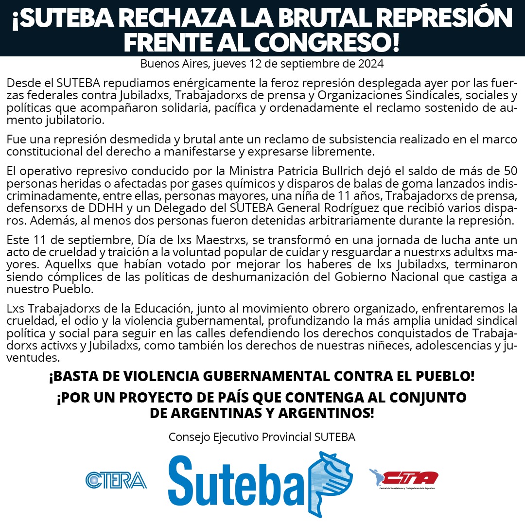 ¡SUTEBA RECHAZA LA BRUTAL REPRESIÓN FRENTE AL CONGRESO!