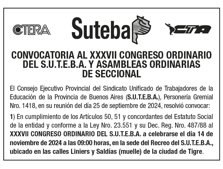 CONVOCATORIA AL XXXVII CONGRESO ORDINARIO DEL S.U.T.E.B.A. Y ASAMBLEAS ORDINARIAS DE SECCIONAL