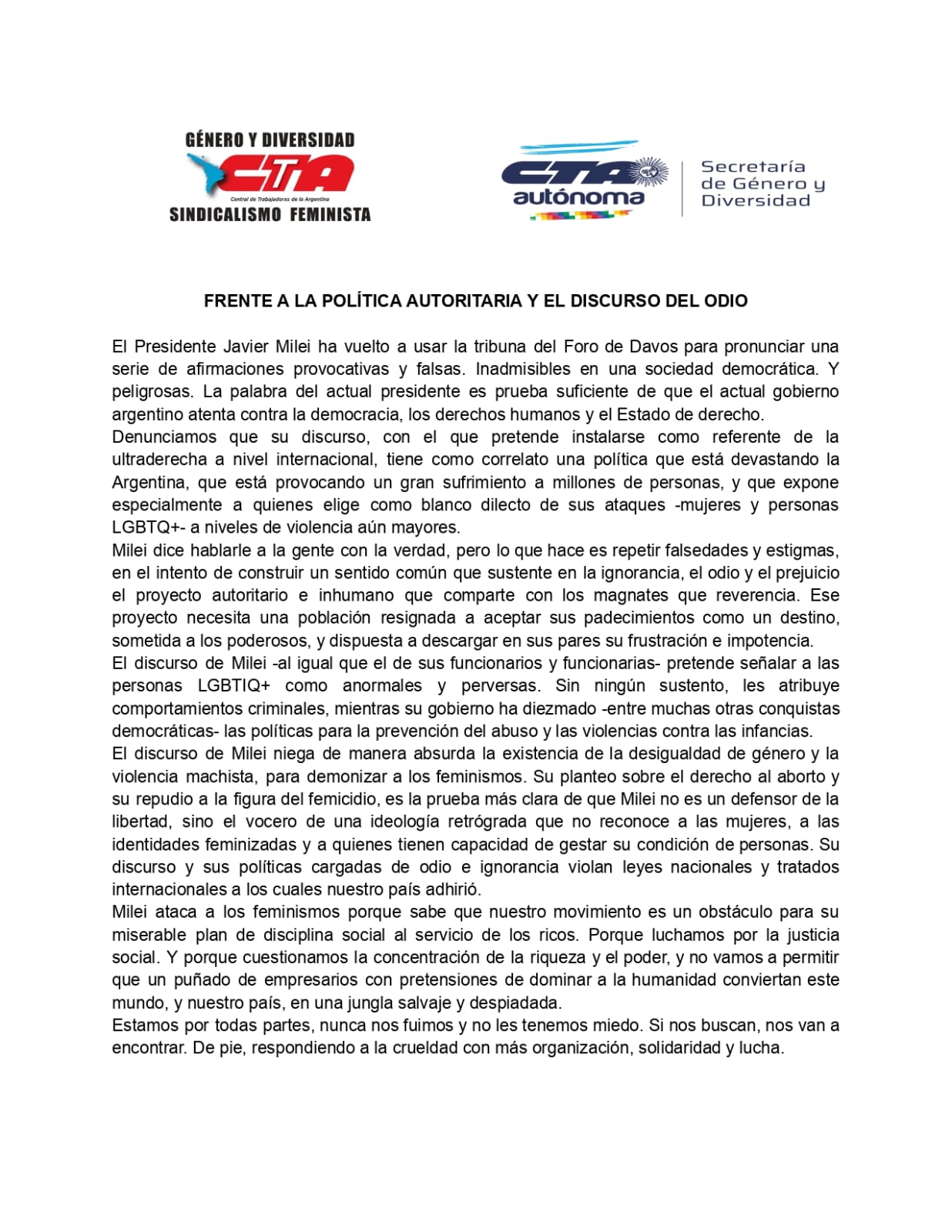 FRENTE A LA POLÍTICA AUTORITARIA Y EL DISCURSO DEL ODIO