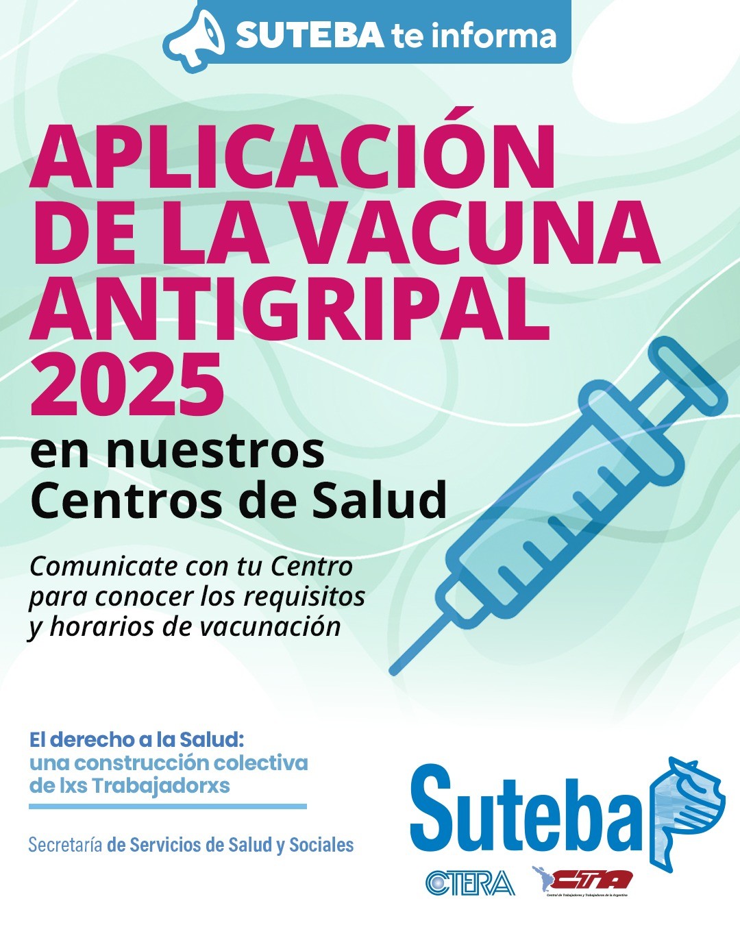 VACUNACIÓN ANTIGRIPAL 2025: APLICACIÓN EN LOS CENTROS DE SALUD DEL SUTEBA