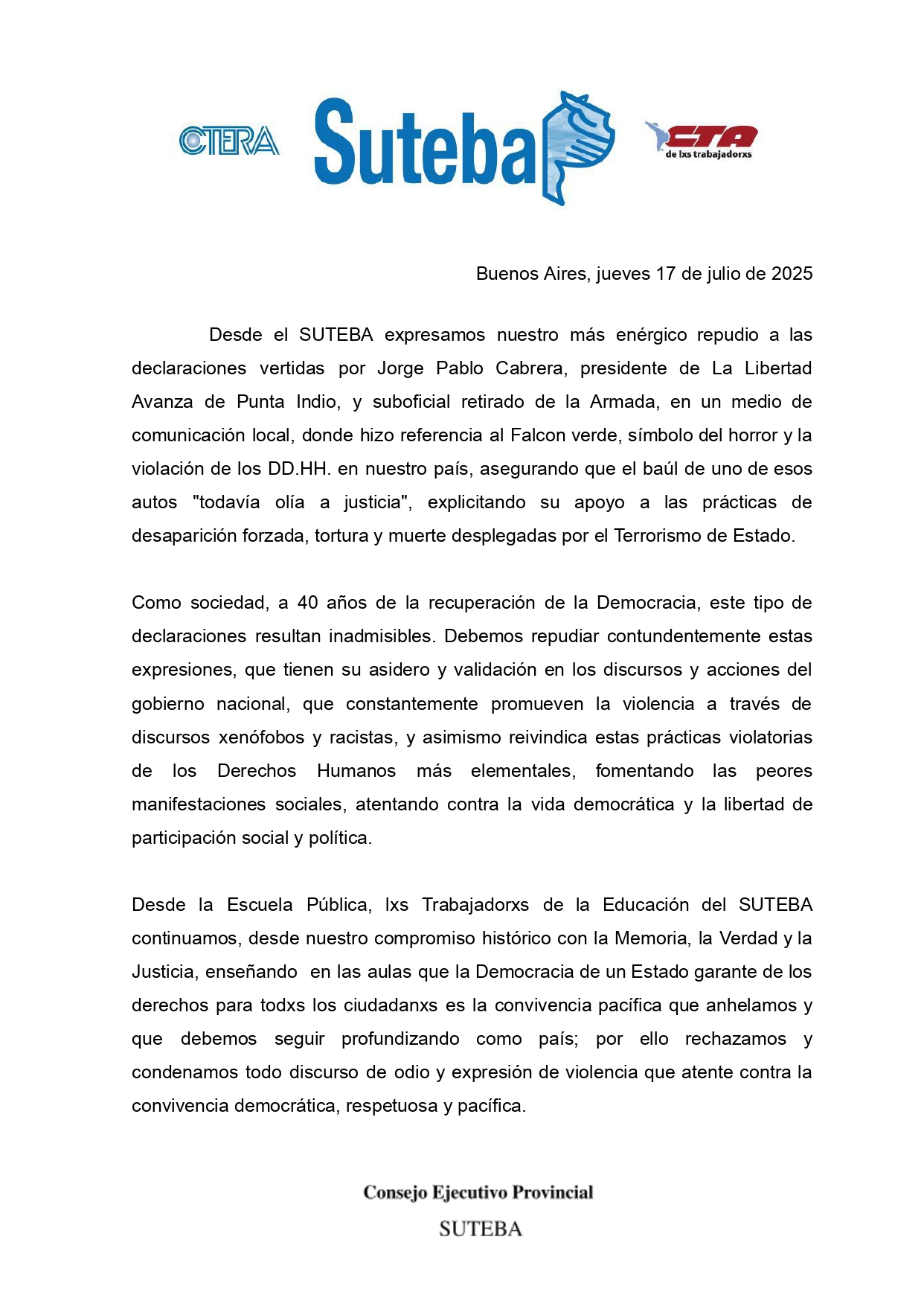 EL SUTEBA REPUDIA LAS DECLARACIONES DEL PRESIDENTE DE LA LIBERTAD AVANZA DE PUNTA INDIO
