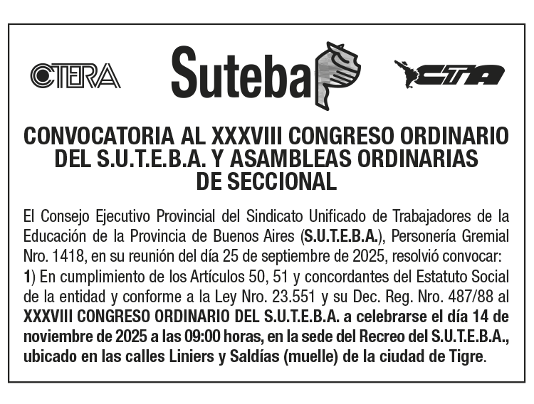 CONVOCATORIA AL XXXVIII CONGRESO ORDINARIO DEL S.U.T.E.B.A. Y ASAMBLEAS ORDINARIAS DE SECCIONAL