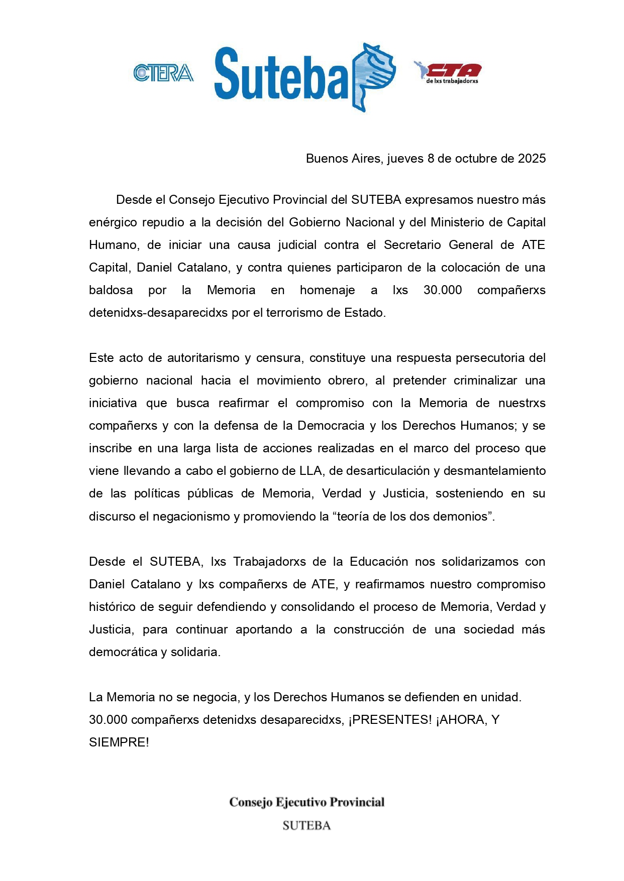 EL SUTEBA REPUDIA LA IMPUTACIÓN DE DANIEL CATALANO