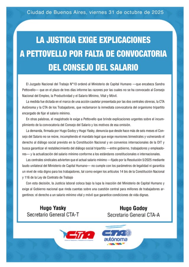 LA JUSTICIA EXIGE EXPLICACIONES A PETTOVELLO POR FALTA DE CONVOCATORIA DEL CONSEJO DEL SALARIO