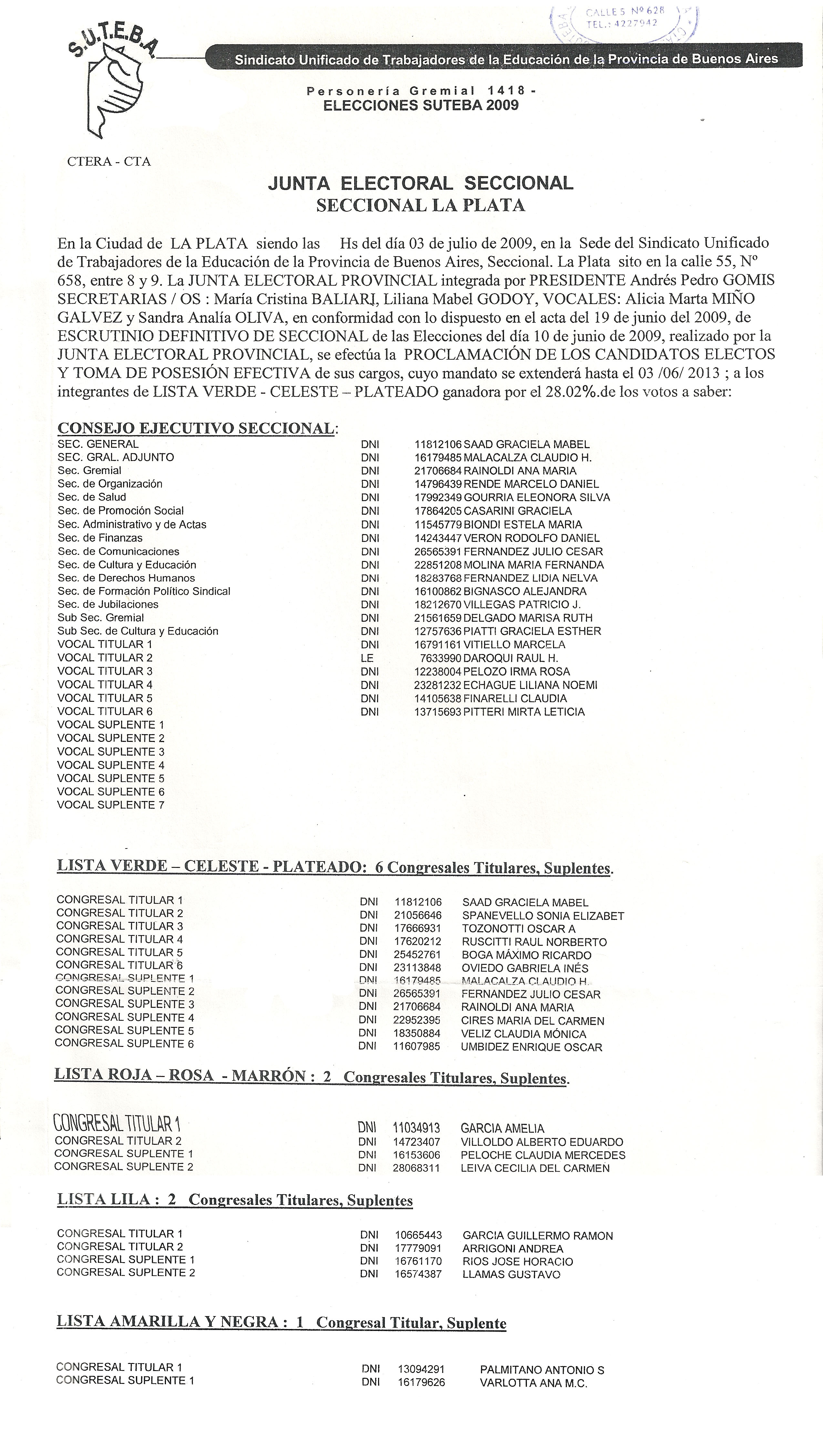 CONSEJO EJECUTIVO SECCIONAL SUTEBA LA PLATA