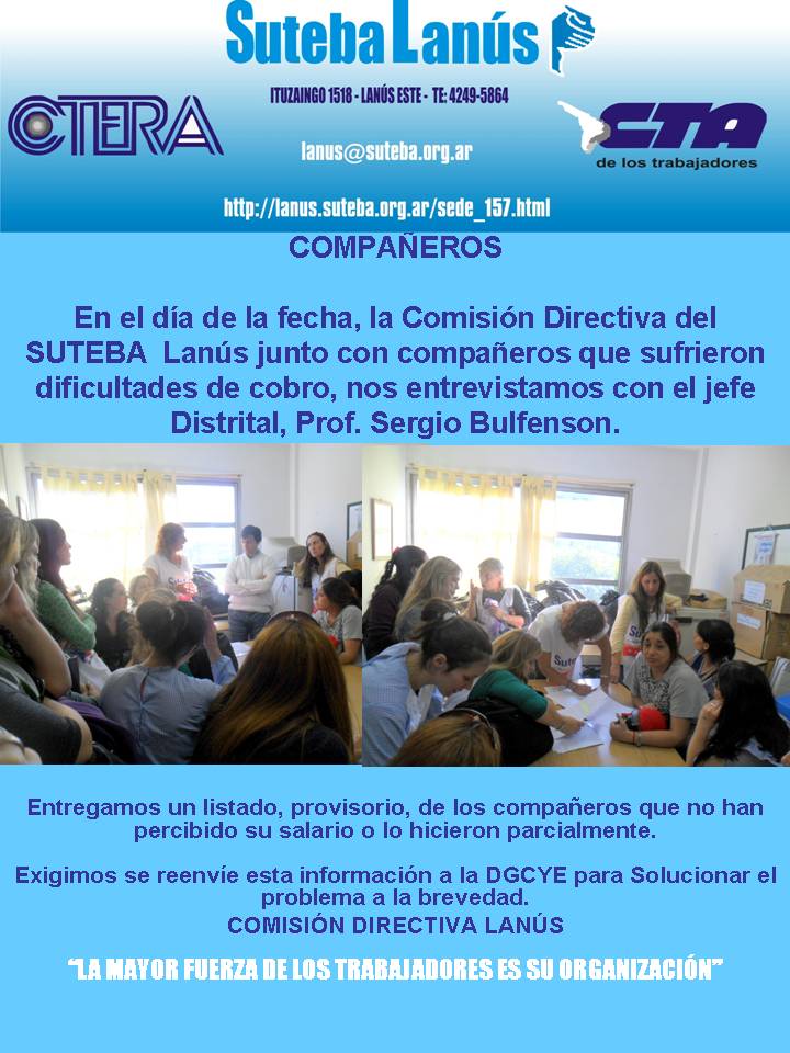 15/4 ACCIONES SUTEBA LANÚS POR EL NO COBRO DE COMPAÑEROS