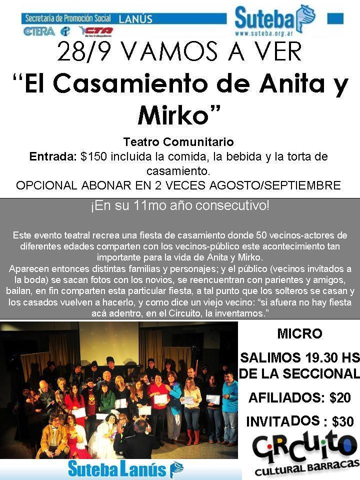 28/9 VAMOS AL TEATRO "EL CASAMIENTO DE ANITA Y MIRKO"