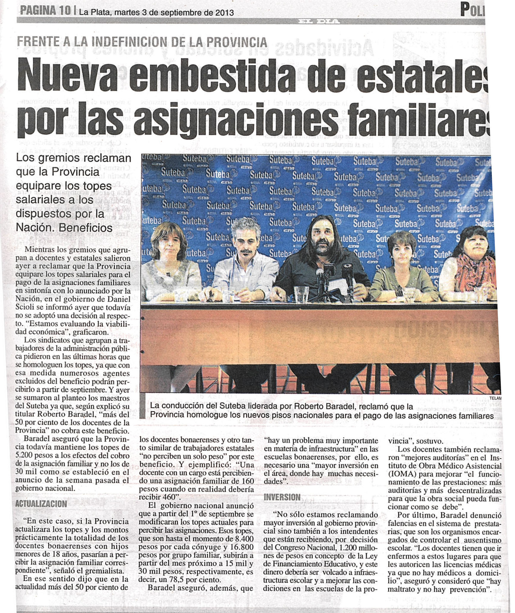 SUTEBA EN DIARIO "EL DÍA"