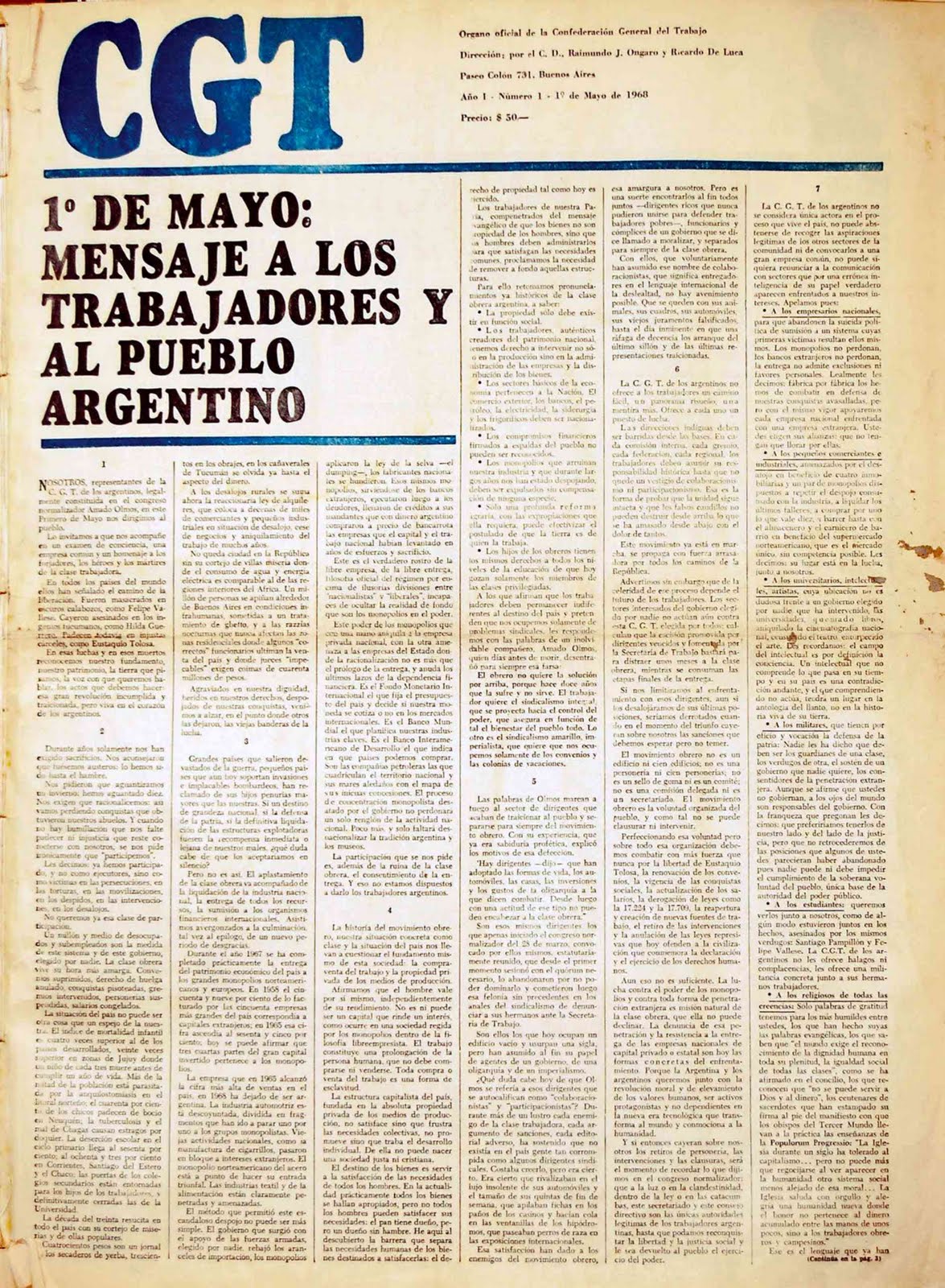 1º DE MAYO: APARECE EL Nº 1 DEL PERIÓDICO DE LA CGT
