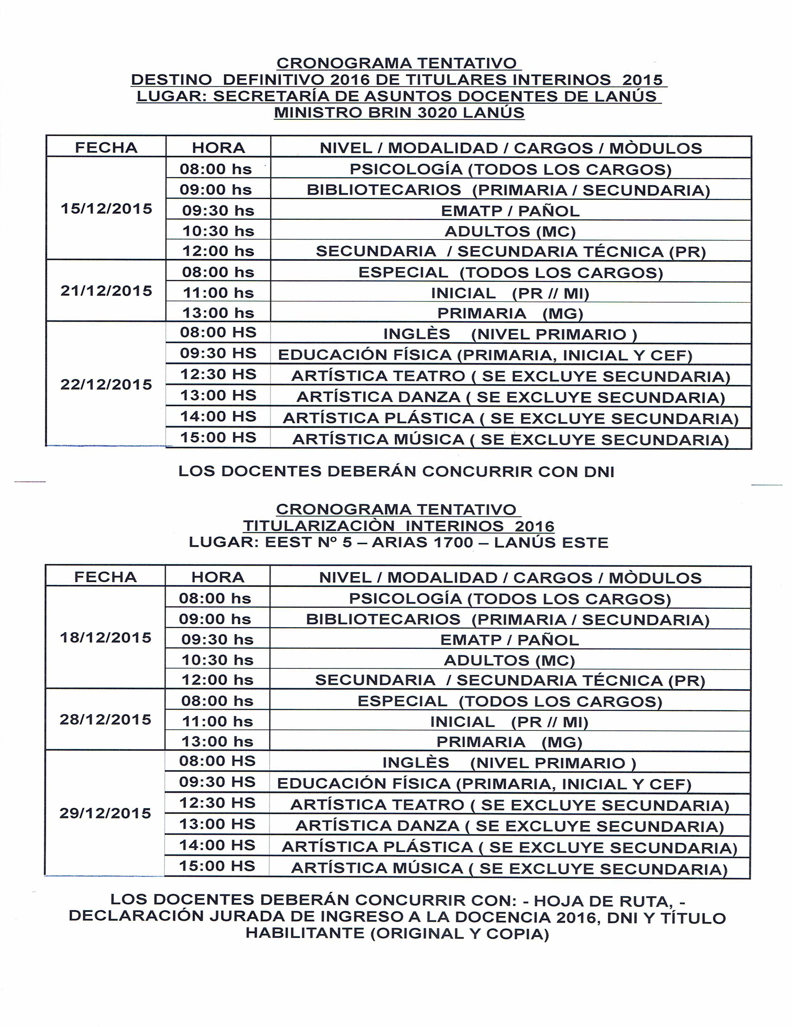 CRONOGRAMA TENTATIVO DESTINO DEFINITIVO Y TITULARIZACIÓN INTERINA 2016 <BR />