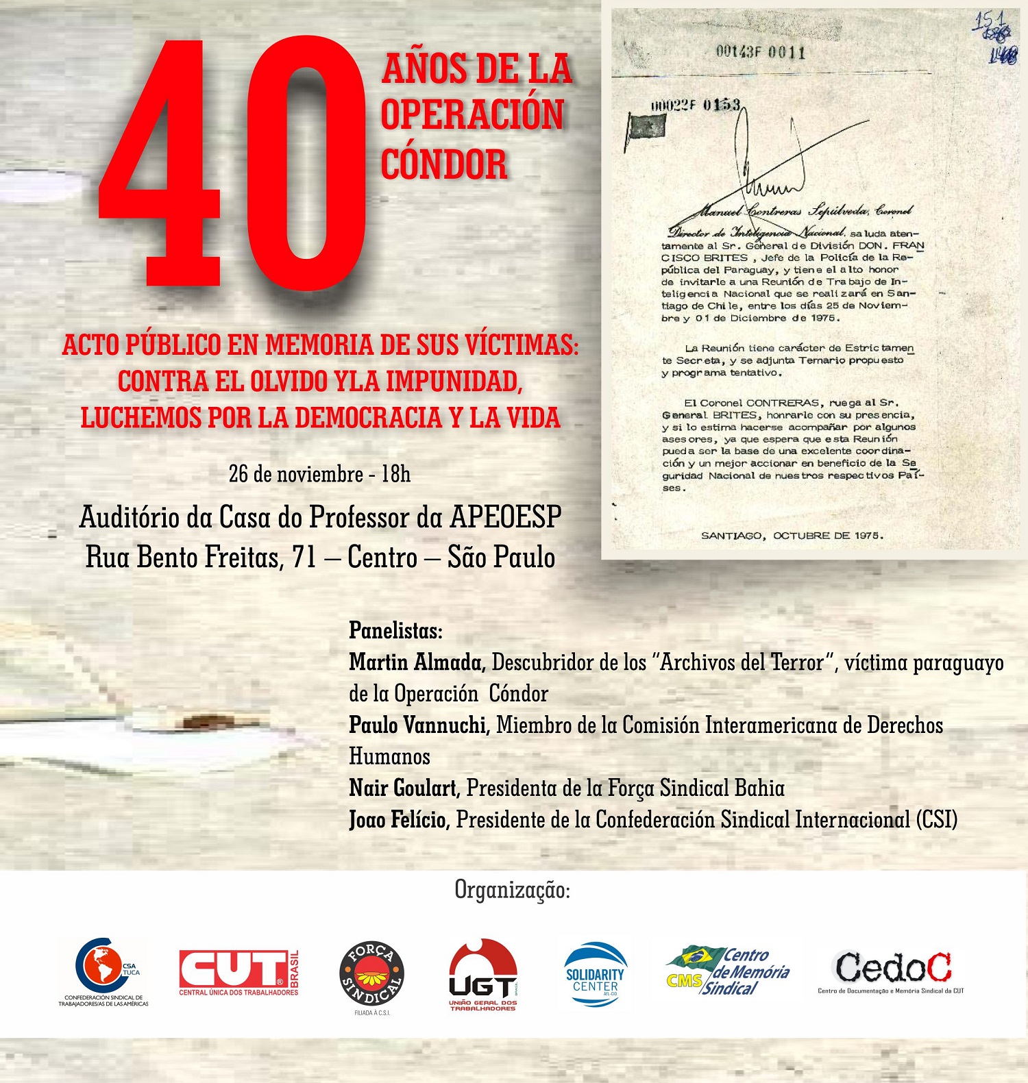 ACTO PÚBLICO EN MEMORIA POR LOS 40 AÑOS DEL PLAN CÓNDOR