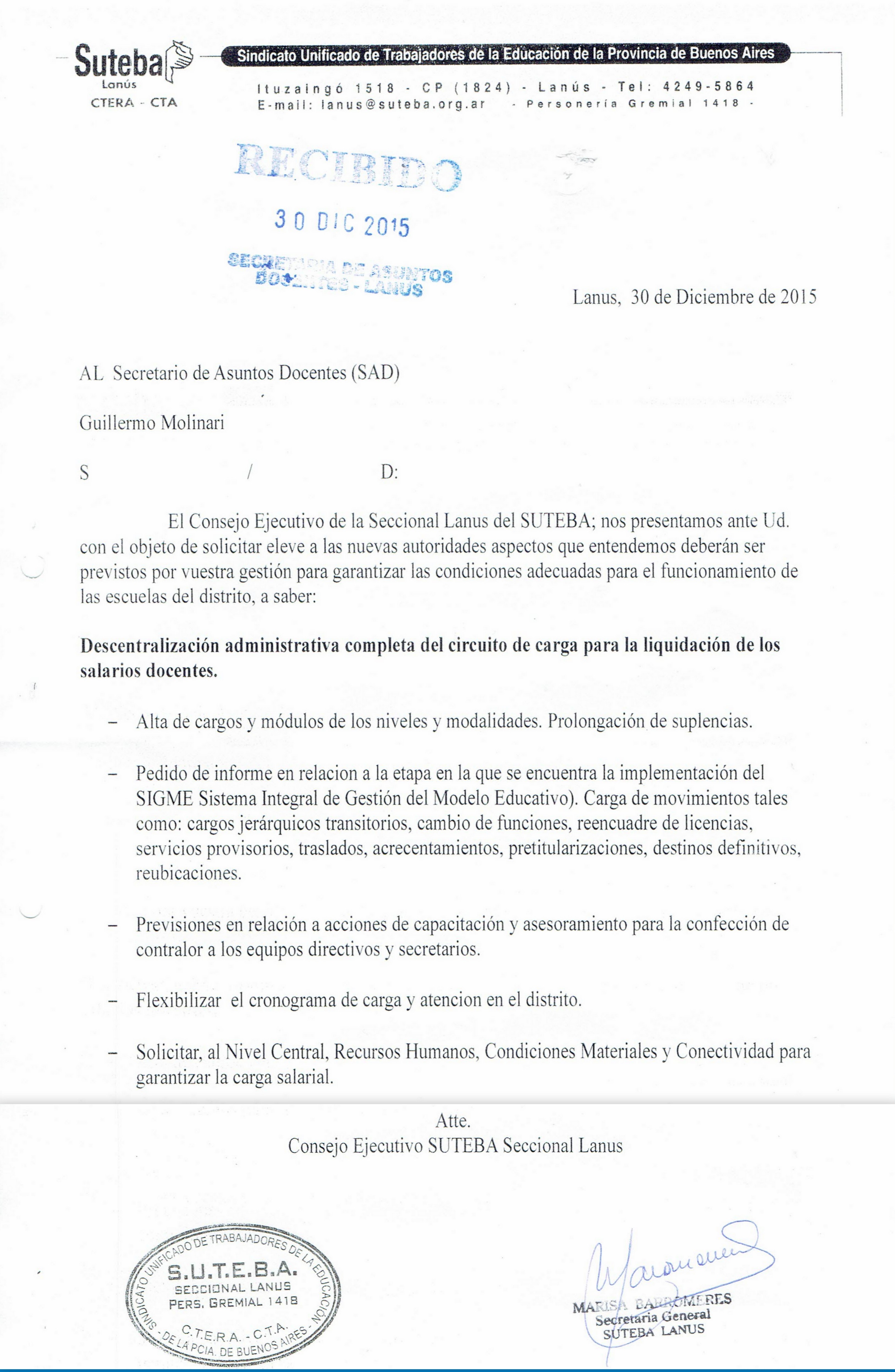 PRESENTACION DEL SUTEBA A LA S.A.D