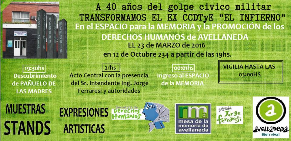 AVELLANEDA: ACTO E INAUGURACIÓN DE ESPACIO DE MEMORIA EN EX CENTRO CLANDESTINO