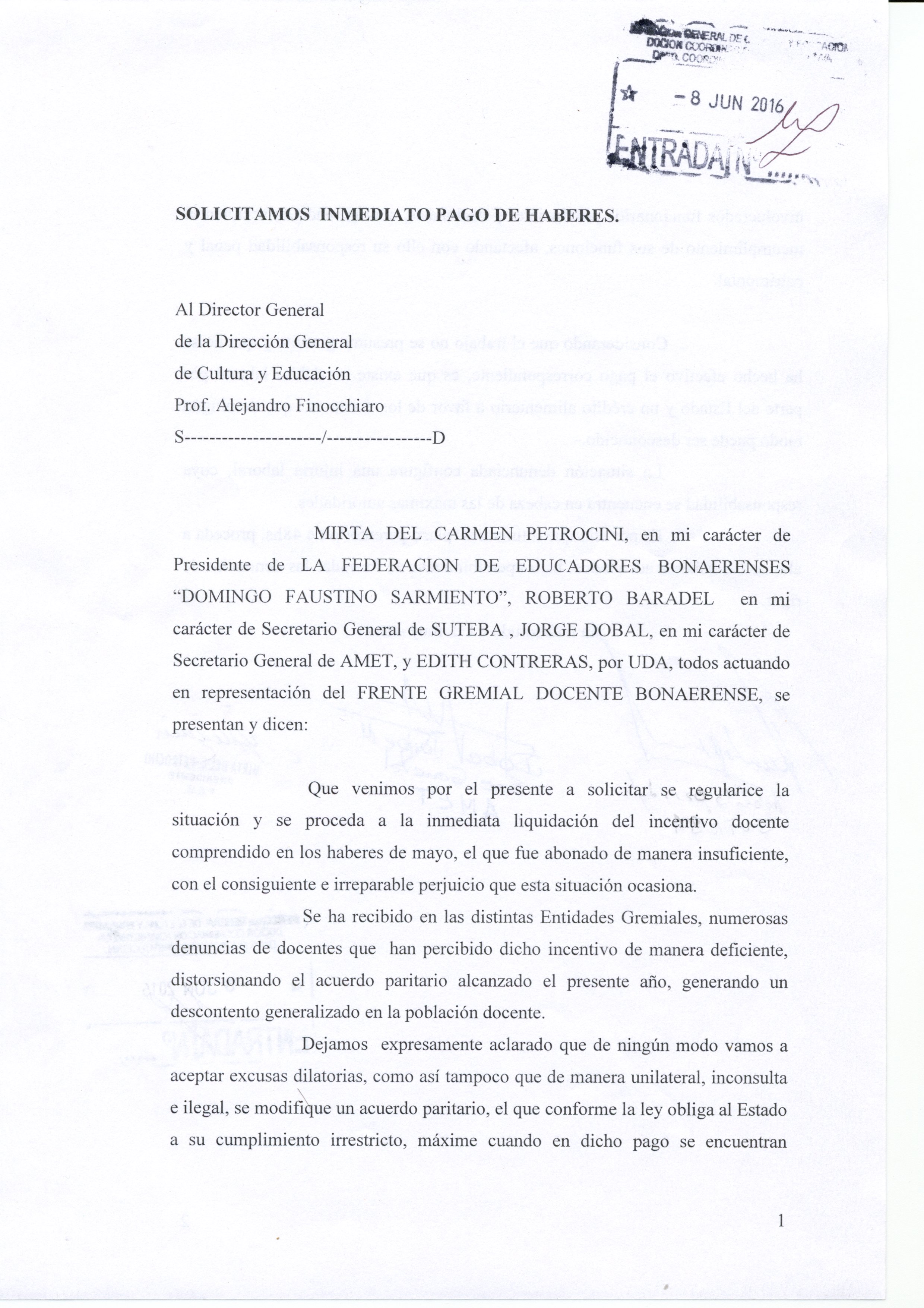 ANTE LA FALTA DE PAGO DEL INCENTIVO DOCENTE, EL FGDB DENUNCIA