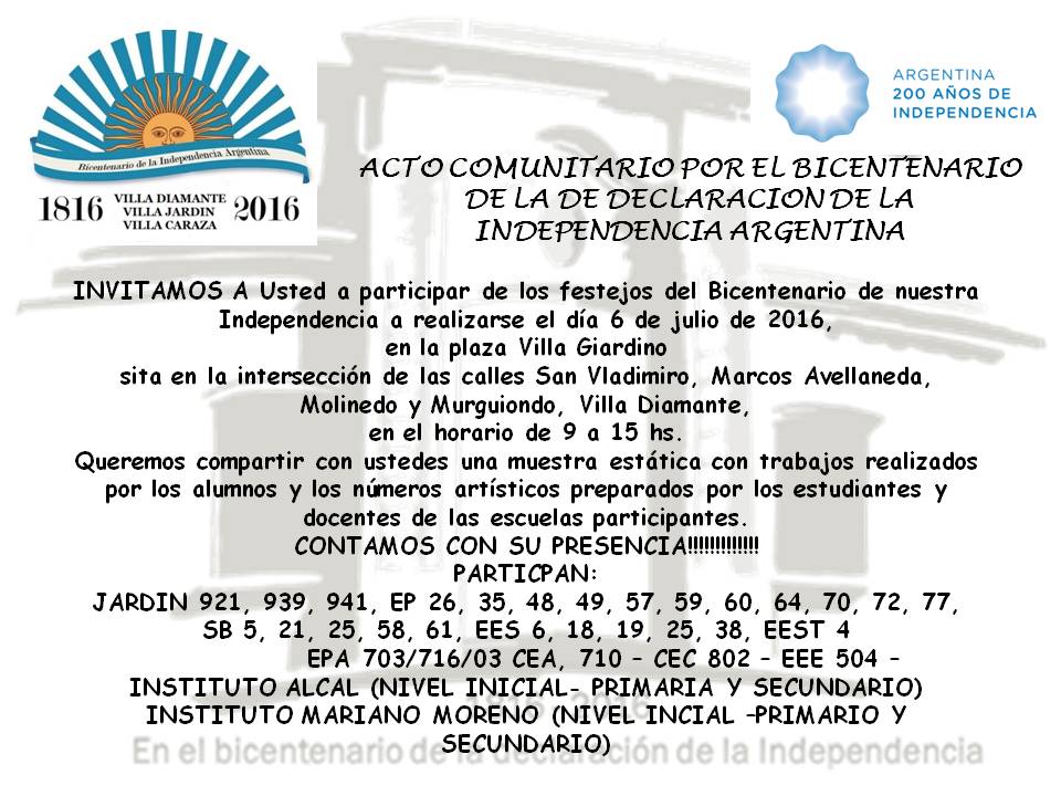 6/7: INVITACIÓN FESTEJOS DEL BICENTENARIO