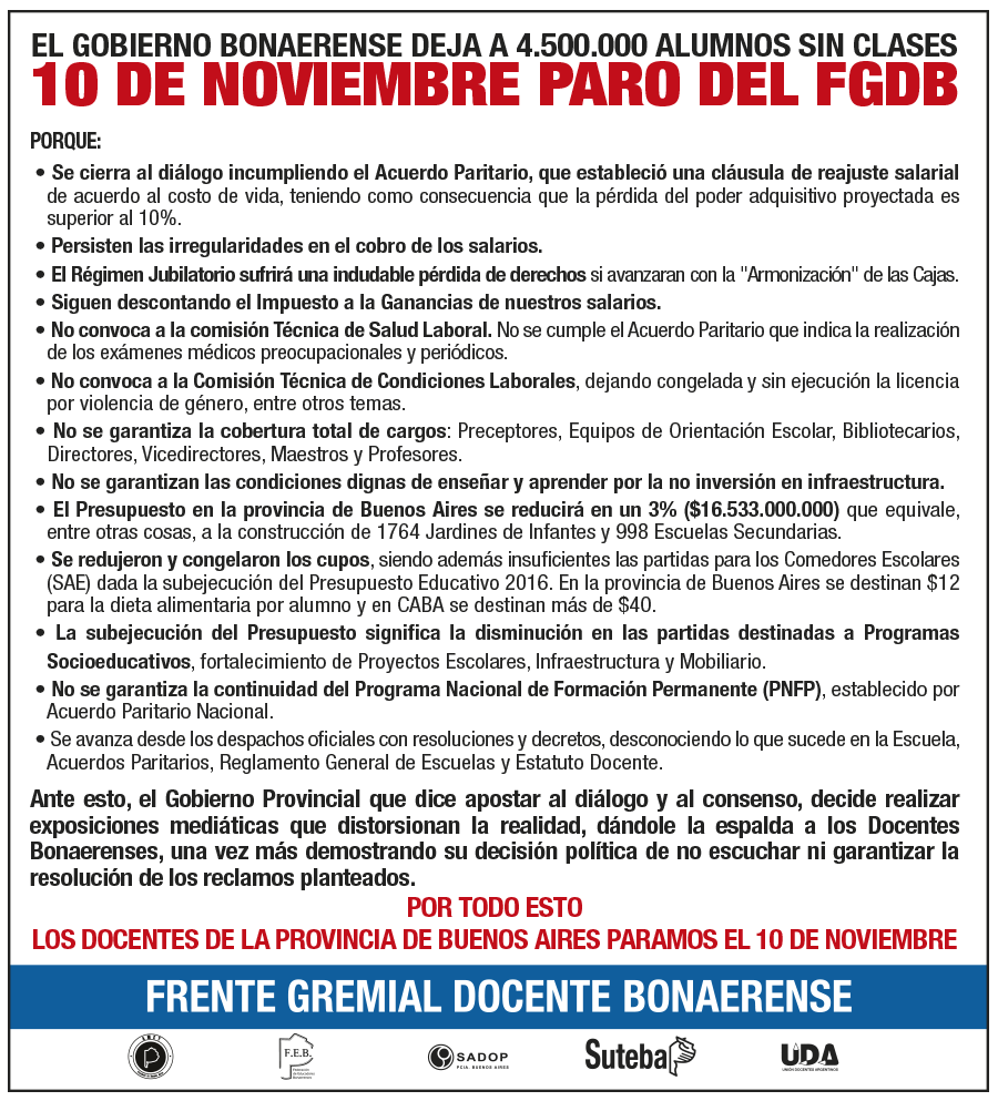 <STRONG>10 DE NOVIEMBRE, PARO DEL FGDB: EL GOBIERNO BONAERENSE DEJA A 4.500.000 DE ALUMNOS SIN CLASES</STRONG>