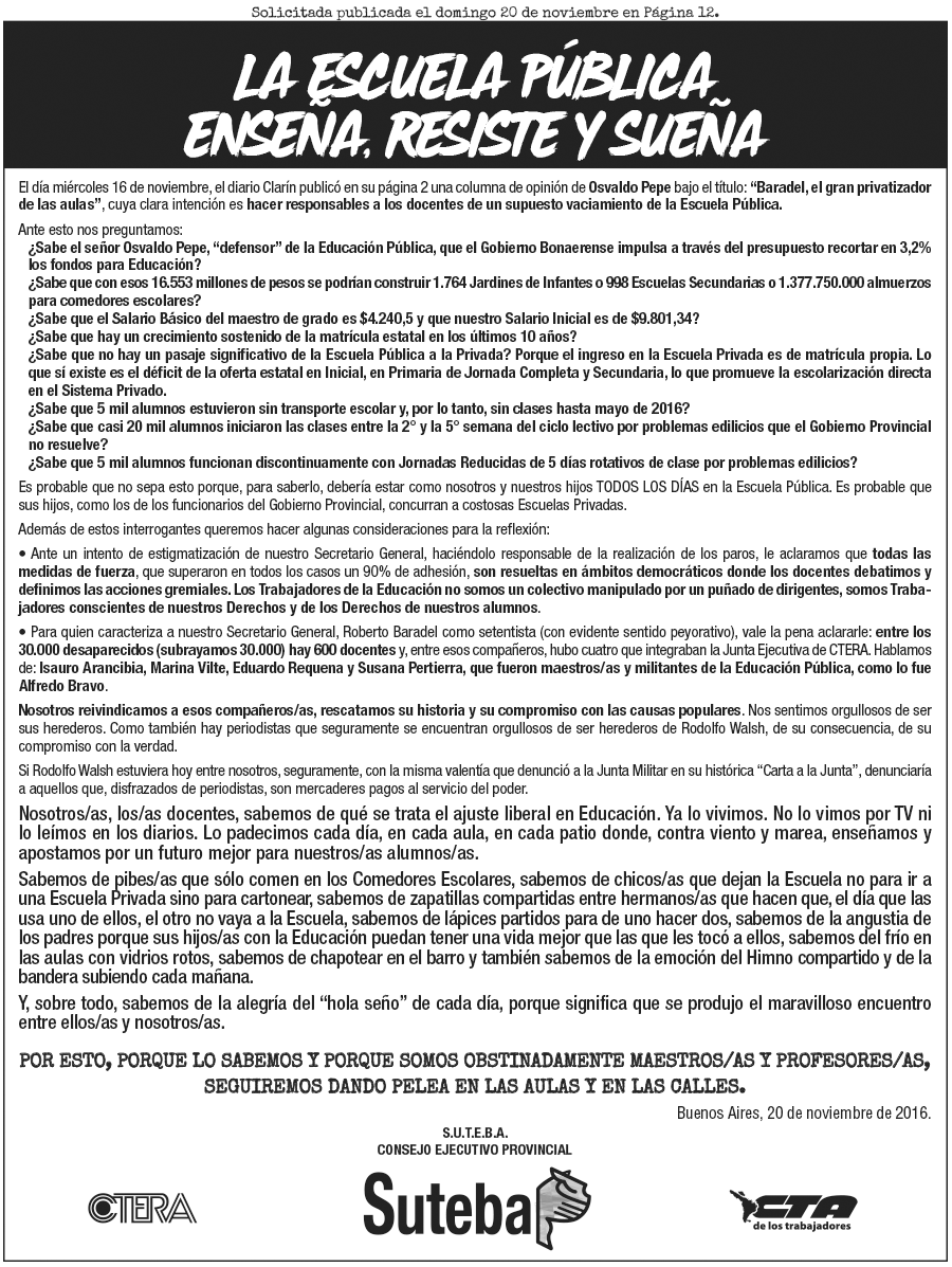 SOLICITADA PUBLICADA EN EL DIARIO PÁGINA/12 - 20 DE NOVIEMBRE DE 2016