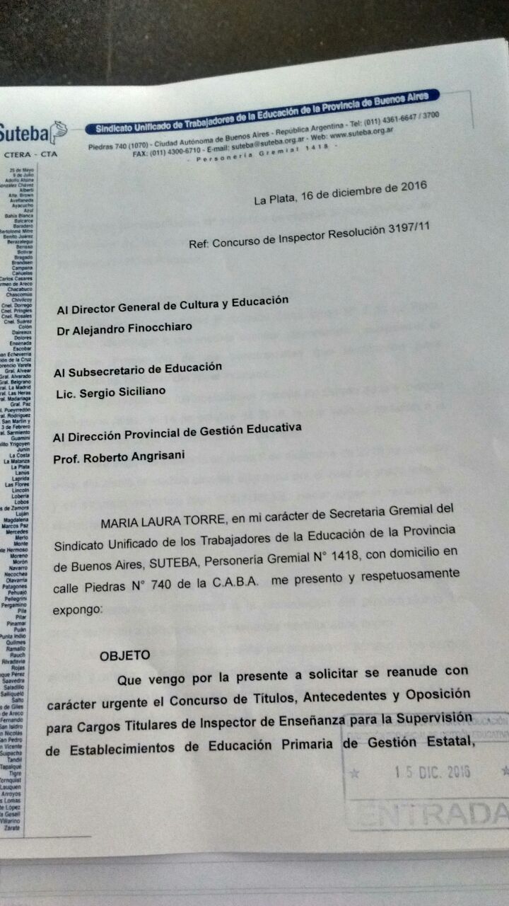 SUTEBA EXIGE EL INMEDIATO ACTO DE PROMOCIÓN PARA INSPECTORES TITULARES DE PRIMARIA