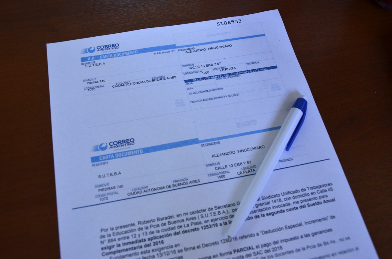 SUTEBA ENVÍA CARTA DOCUMENTO EXIGIENDO INMEDIATO REINTEGRO DEL DESCUENTO POR GANANCIAS EN EL AGUINALDO