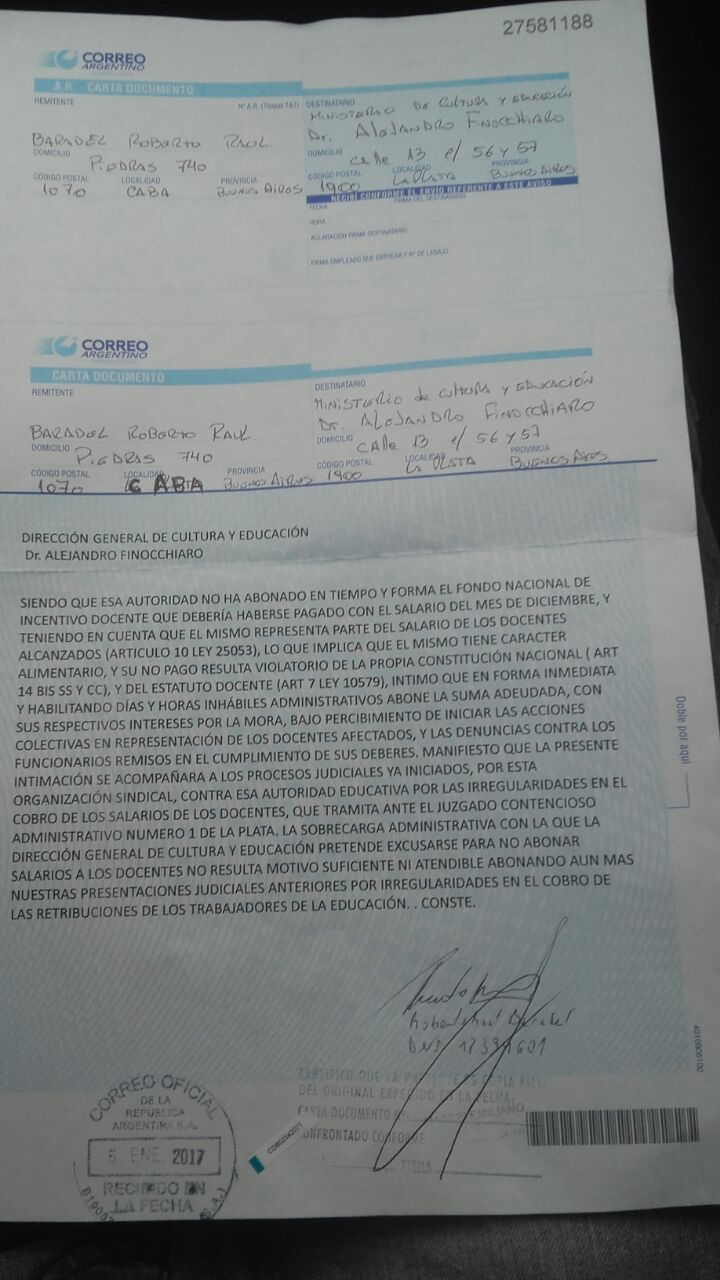 EN CARTA DOCUMENTO AL GOBIERNO DE VIDAL, BARADEL INTIMA AL PAGO INMEDIATO DE LO DESCONTADO ILEGALMENTE A TODOS LOS DOCENTES BONAERENSES