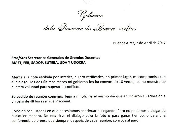 RESPUESTA DE LA GOBERNADORA VIDAL AL PEDIDO DE DIÁLOGO DE LOS GREMIOS