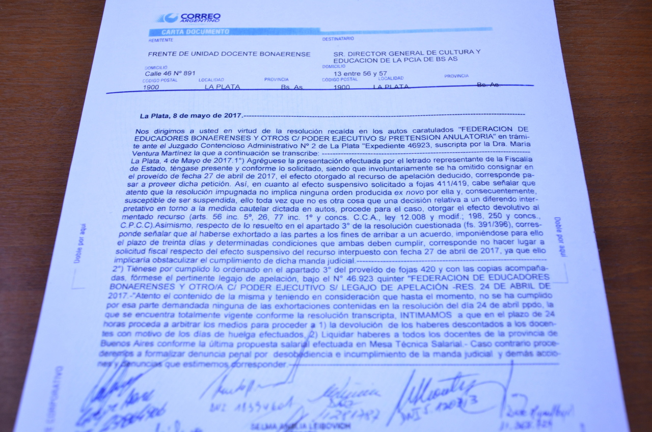 EL FRENTE DE UNIDAD DOCENTE EXIGIÓ A LA PROVINCIA POR MEDIO DE CARTA DOCUMENTO QUE CUMPLA CON EL FALLO JUDICIAL