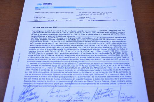 EL FRENTE DE UNIDAD DOCENTE EXIGIÓ A LA PROVINCIA POR MEDIO DE CARTA DOCUMENTO QUE CUMPLA CON EL FALLO JUDICIAL