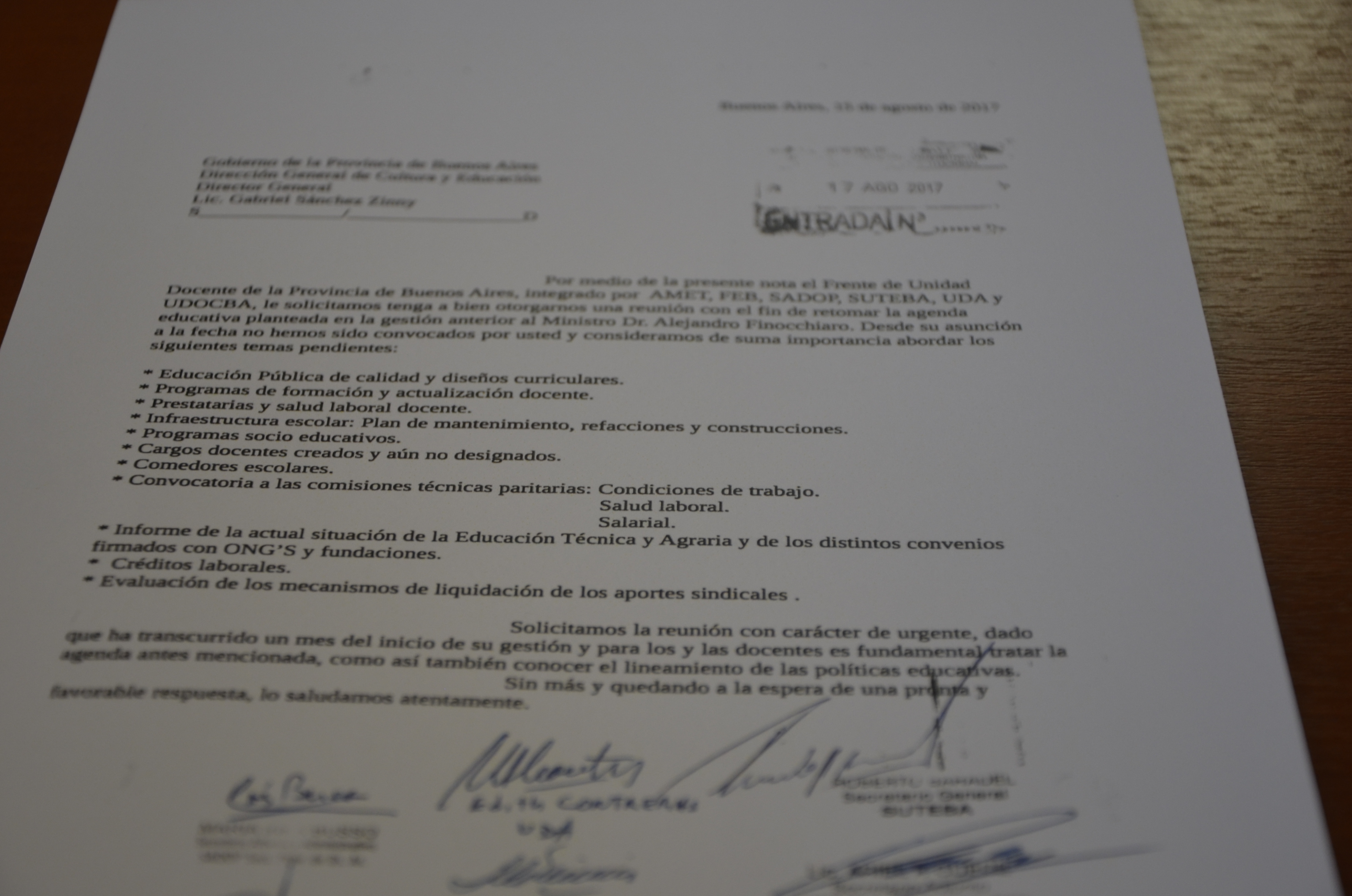 EL FRENTE DE UNIDAD DOCENTE BONAERENSE PIDE URGENTE REUNIÓN A SANCHEZ ZINNY