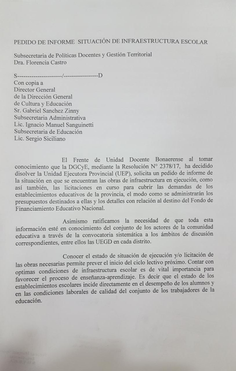PRESENTACIÓN DEL FUDB: REPUDIO AL DESMANTELAMIENTO DE LA UEP