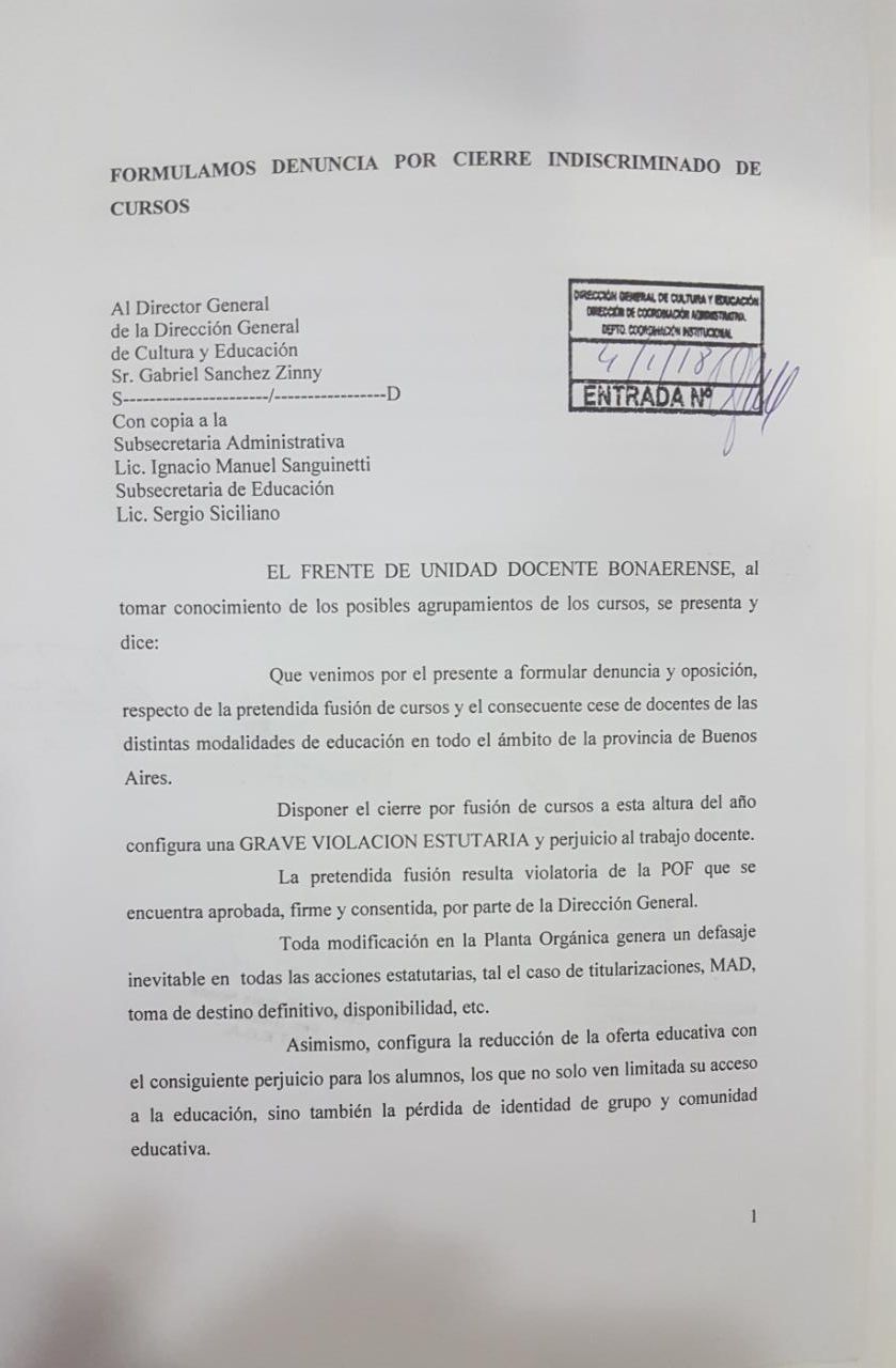 EL FUDB PRESENTÓ SU DENUNCIA A LA DGCYE POR CIERRE INDISCRIMINADO DE CURSOS