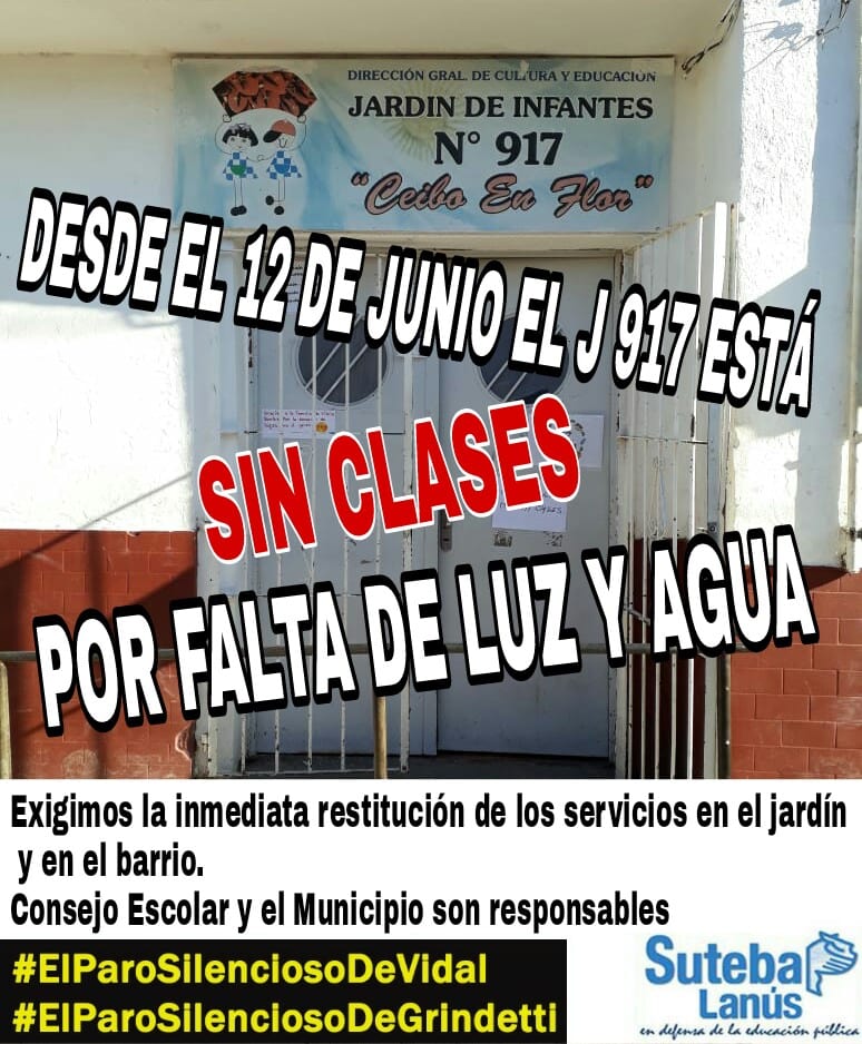 EL JARDIN 917 ESTÁ SIN CLASES DESDE EL 12 DE JUNIO POR FALTA DE LUZ Y AGUA.