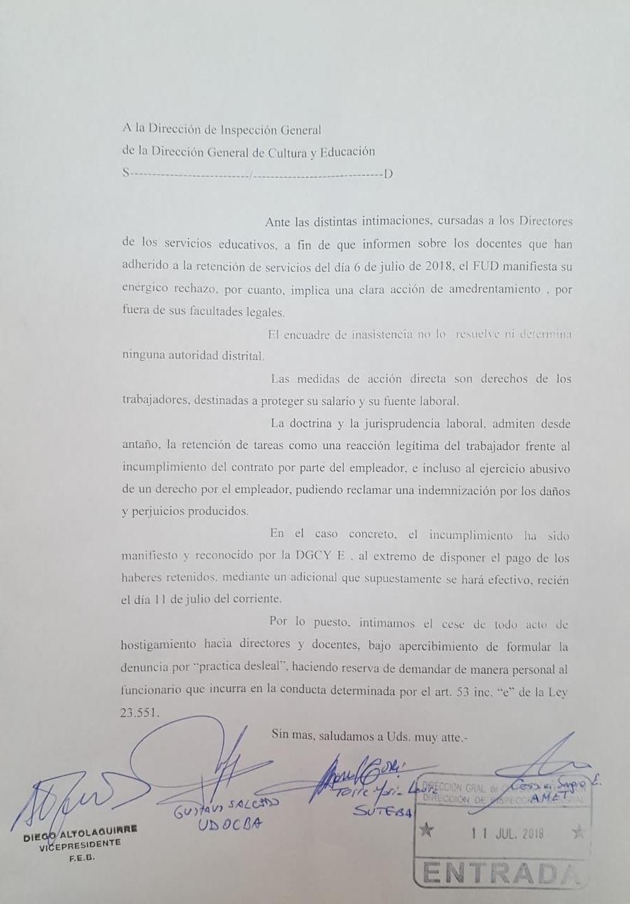 EL FUDB INTIMA A LA DGCYE A QUE CESE EL HOSTIGAMIENTO A DOCENTES POR DEFENDER SUS DERECHOS