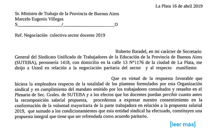 RESPUESTA DEL SUTEBA AL MINISTERIO DE TRABAJO ANTE LA ACEPTACIÓN DEL GOBIERNO A LOS CONDICIONAMIENTOS