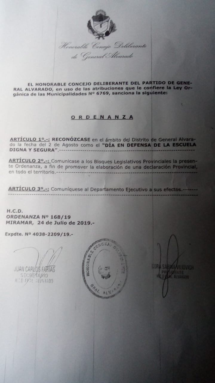 DE MANERA UNÁNIME, EL 2 DE AGOSTO ES EL "DÍA DE LA ESCUELA PÚBLICA DIGNA Y SEGURA" EN GENERAL ALVARADO