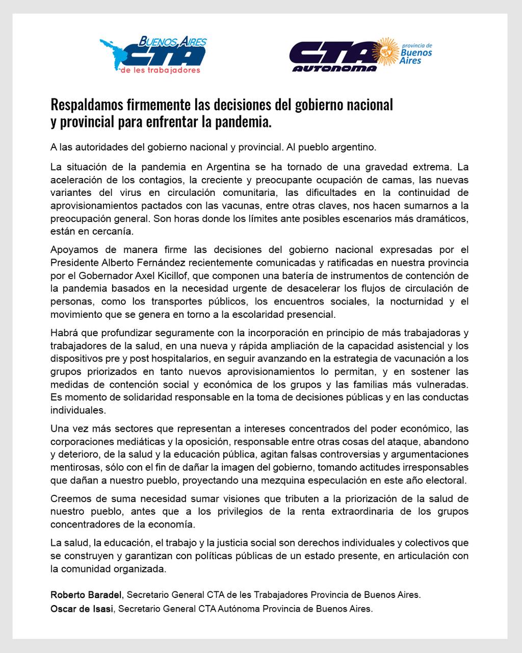 COMUNICADO DE LA CTAT Y LA CTAA FRENTE A LOS ANUNCIOS PRESIDENCIALES