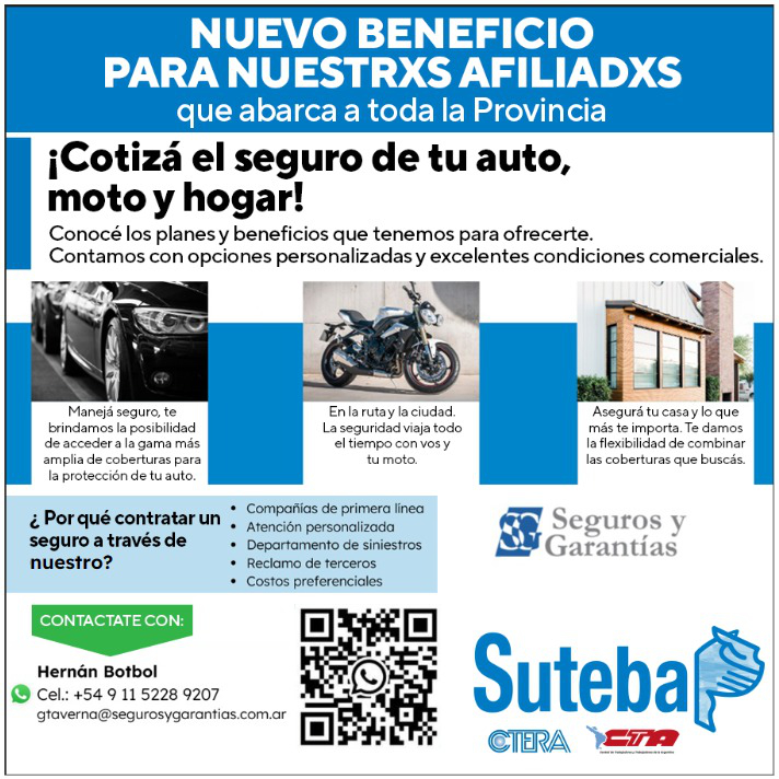 BONIFICACIONES EN SEGUROS DE AUTOMOTORES, MOTOS, VIVIENDAS, ETC. DEL 30 % PARA AFILIADXS AL SUTEBA